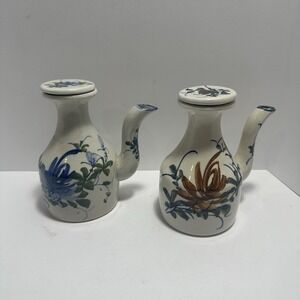 Lot Of 2 Vintage Blue and Off White, Orange Pottery Cruet Sake Decanter Decor‎